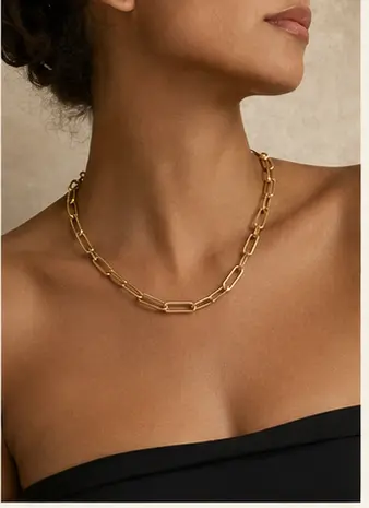 Aurelia Gold Paperclip Necklace styled on a model from a second angle
