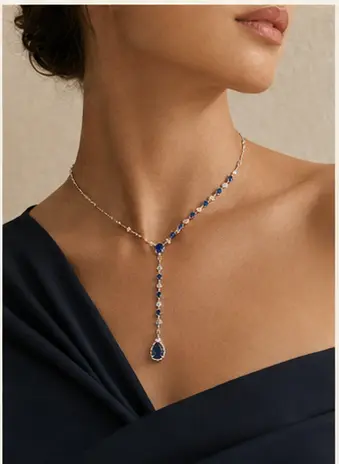 Nocturne Sapphire Lariat Necklace styled on a model from a second angle
