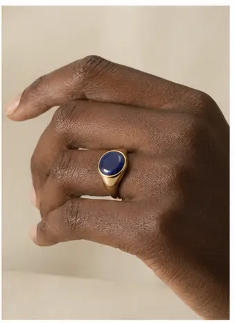 Nocturne Sapphire Signet Ring styled on a model from a second angle