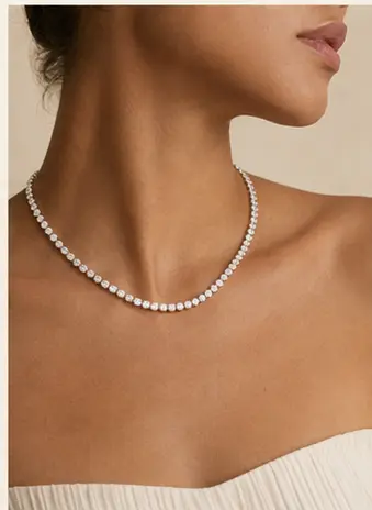 Riviera Diamond Tennis Necklace styled on a model from a second angle