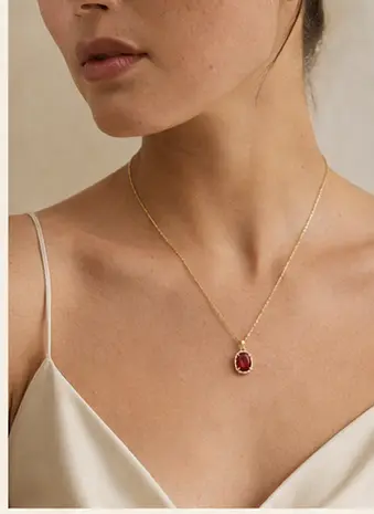 Seraphine Ruby Pendant styled on a model from a second angle